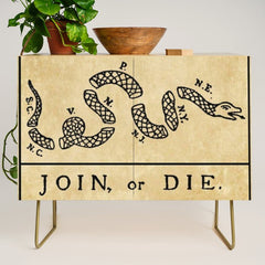 1776 "Join, or Die" Revolutionary War flag with 13 colonies, snake & no colors by Benjamin Franklin Credenza