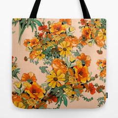 70s Pastel Floral on pink blush Boho Tote Bag