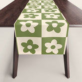 90s flowers checkers cream and green Table Runner
