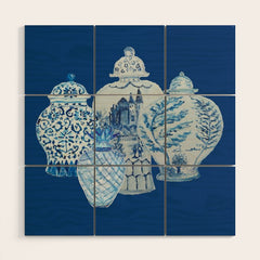 4 Four 4 Blue and White Ginger Jars Wood Wall Art