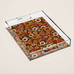 70s retro ditzy flowers, boho, browns, orange, hippie Acrylic Tray