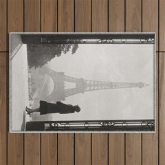 1920 Woman at the Gate, Eiffel Tower black and white photography / jazz age black & white photograph Outdoor Rug