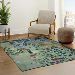 18th Century Antique Mint Chinoiserie Bird Garden Fresco 1740 Rug