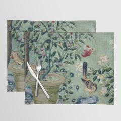 18th Century Antique Mint Chinoiserie Bird Garden Fresco 1740 Placemat