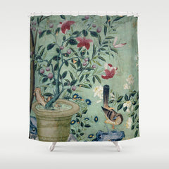 18th Century Antique Mint Chinoiserie Bird Garden Fresco 1740 Shower Curtain