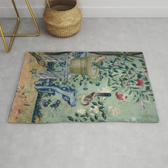 18th Century Antique Mint Chinoiserie Bird Garden Fresco 1740 Rug