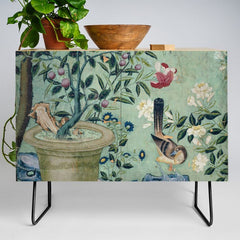 18th Century Antique Mint Chinoiserie Bird Garden Fresco 1740 Credenza