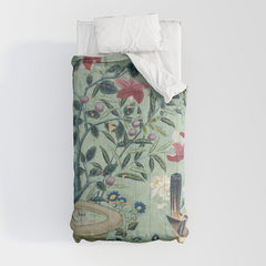 18th Century Antique Mint Chinoiserie Bird Garden Fresco 1740 Comforter