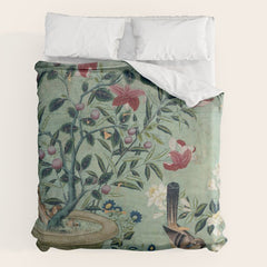 18th Century Antique Mint Chinoiserie Bird Garden Fresco 1740 Duvet Cover