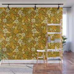 1970s Retro Flowers Pattern in Yellow, Orange & Olive Green Wall Mural