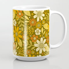 1970s Retro Flowers Pattern in Yellow, Orange & Olive Green Coffee Mug