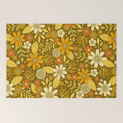 1970s Retro Flowers Pattern in Yellow, Orange & Olive Green Welcome Mat