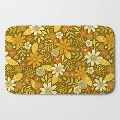 1970s Retro Flowers Pattern in Yellow, Orange & Olive Green Bath Mat