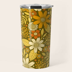 1970s Retro Flowers Pattern in Yellow, Orange & Olive Green Travel Mug