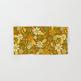 1970s Retro Flowers Pattern in Yellow, Orange & Olive Green Bath Towel