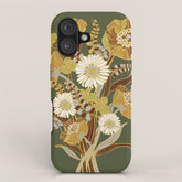 70s, flowers, green, retro, vintage, floral bouquet, olive green iPhone Case
