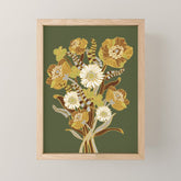 70s, flowers, green, retro, vintage, floral bouquet, olive green Mini Art Print