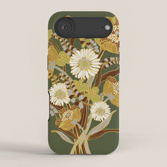 70s, flowers, green, retro, vintage, floral bouquet, olive green iPhone Case