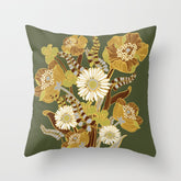70s, flowers, green, retro, vintage, floral bouquet, olive green Throw Pillow