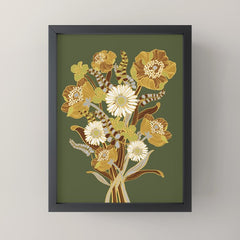 70s, flowers, green, retro, vintage, floral bouquet, olive green Mini Art Print