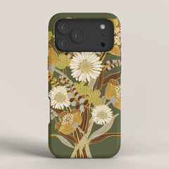 70s, flowers, green, retro, vintage, floral bouquet, olive green iPhone Case