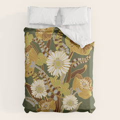 70s, flowers, green, retro, vintage, floral bouquet, olive green Duvet Cover