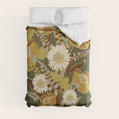 70s, flowers, green, retro, vintage, floral bouquet, olive green Duvet Cover