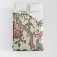 18th Century Chinoiserie Magpie Ivory Peony Garden Duvet Cover