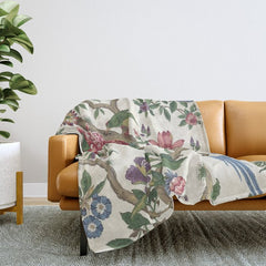 18th Century Chinoiserie Magpie Ivory Peony Garden Throw Blanket
