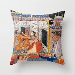 -India, Mughal, Reign of Akbar, 16th century - Page from Tales of a Parrot (Tuti-nama)- Eighth night- The deceitful wife a - 1962 Throw Pillow