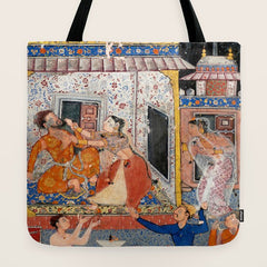 -India, Mughal, Reign of Akbar, 16th century - Page from Tales of a Parrot (Tuti-nama)- Eighth night- The deceitful wife a - 1962 Tote Bag