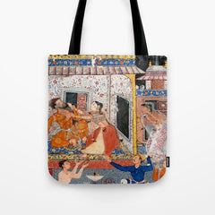 -India, Mughal, Reign of Akbar, 16th century - Page from Tales of a Parrot (Tuti-nama)- Eighth night- The deceitful wife a - 1962 Tote Bag