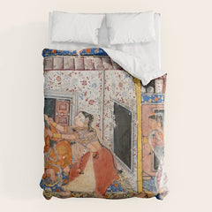 -India, Mughal, Reign of Akbar, 16th century - Page from Tales of a Parrot (Tuti-nama)- Eighth night- The deceitful wife a - 1962 Duvet Cover