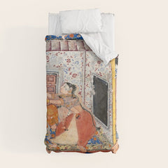 -India, Mughal, Reign of Akbar, 16th century - Page from Tales of a Parrot (Tuti-nama)- Eighth night- The deceitful wife a - 1962 Duvet Cover