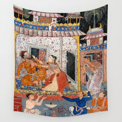 -India, Mughal, Reign of Akbar, 16th century - Page from Tales of a Parrot (Tuti-nama)- Eighth night- The deceitful wife a - 1962 Wall Tapestry