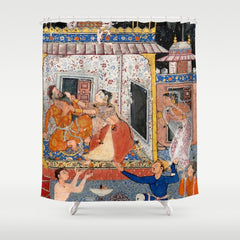 -India, Mughal, Reign of Akbar, 16th century - Page from Tales of a Parrot (Tuti-nama)- Eighth night- The deceitful wife a - 1962 Shower Curtain