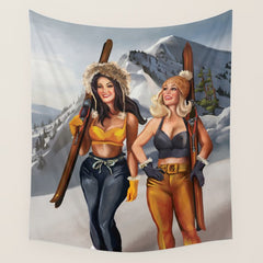 "Ski Bunnies" Cool Retro Winter Pinup Girl Art Wall Tapestry
