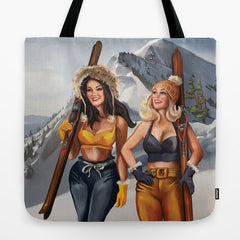 "Ski Bunnies" Cool Retro Winter Pinup Girl Art Tote Bag