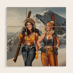 "Ski Bunnies" Cool Retro Winter Pinup Girl Art Wood Wall Art