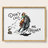 "Don't Call Me Honey" Cowgirl On Horseback Shooting a Rattlesnake Serving Tray
