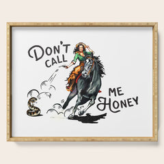 "Don't Call Me Honey" Cowgirl On Horseback Shooting a Rattlesnake Serving Tray