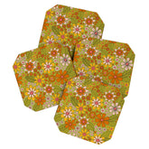 1960s, 1970s Retro Floral in Green, Pink & Orange - Flower Power Coaster