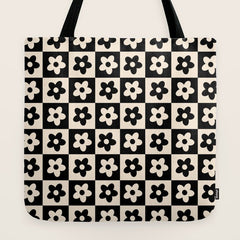 90s flowers checkers cream and black Tote Bag