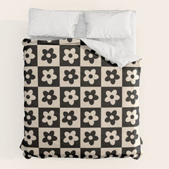 90s flowers checkers cream and black Duvet Cover