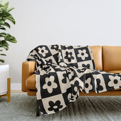 90s flowers checkers cream and black Throw Blanket