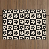 90s flowers checkers cream and black Outdoor Rug
