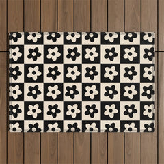 90s flowers checkers cream and black Outdoor Rug