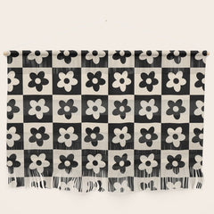 90s flowers checkers cream and black Wall Hanging
