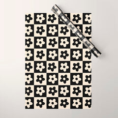 90s flowers checkers cream and black Wrapping Paper