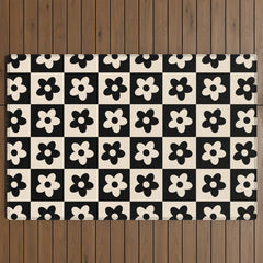 90s flowers checkers cream and black Outdoor Rug